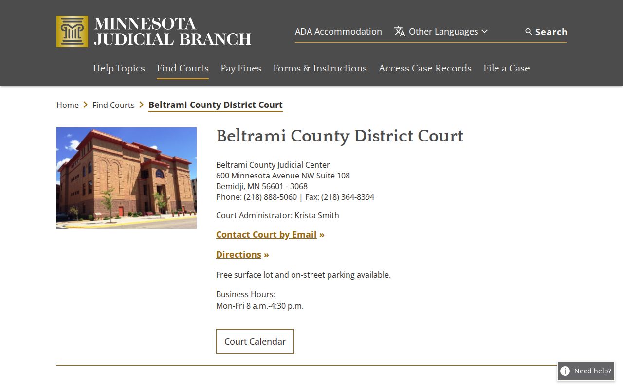 Beltrami County court release record contact page