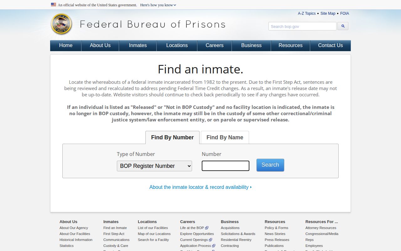 Federal Bureau of Prisons release search form for a Beltrami County federal case