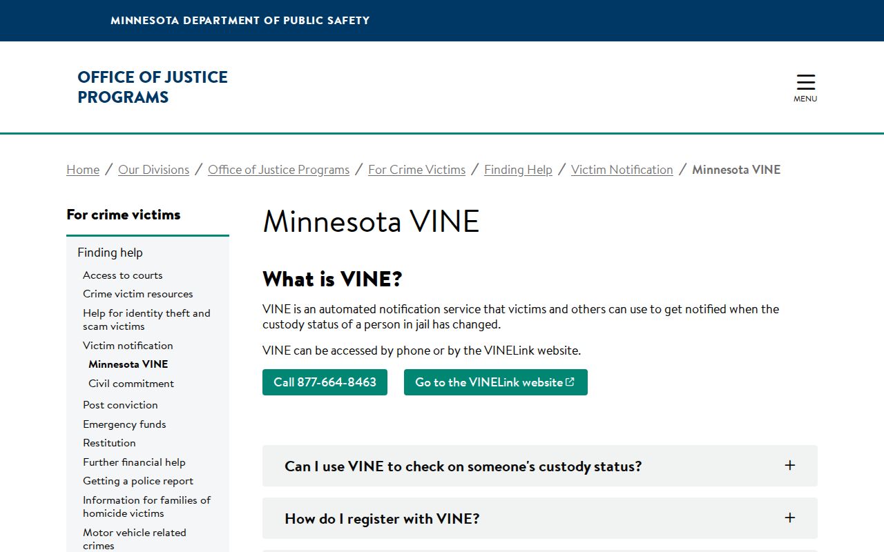 Minnesota VINE county jail release notification information for Beltrami County