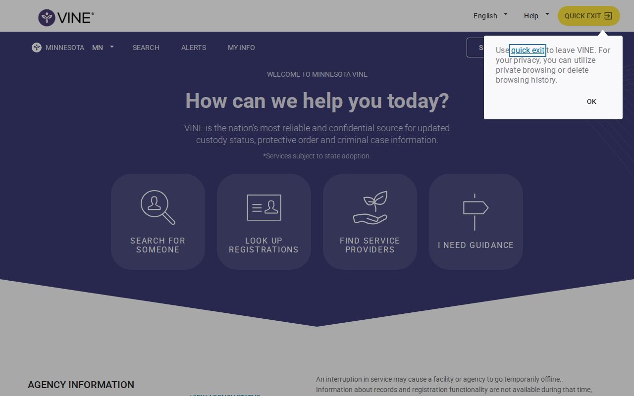 VINELink Minnesota search screen for a Beltrami County inmate release check