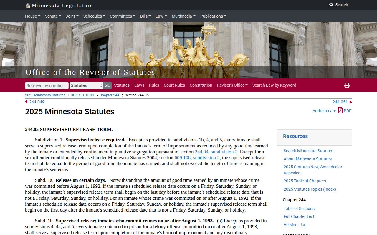 Minnesota supervised release statute for Beltrami County projected release calculations